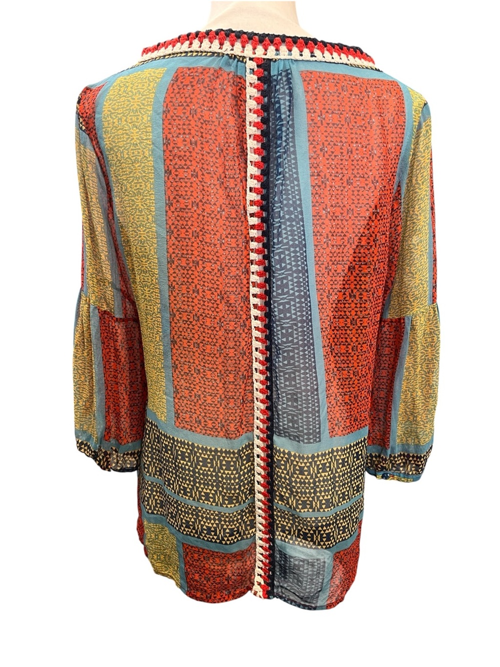 Gypsy 05 Global Village 100% Silk Patchwork Crochet Boho Blouse Top XS - Picture 5 of 14